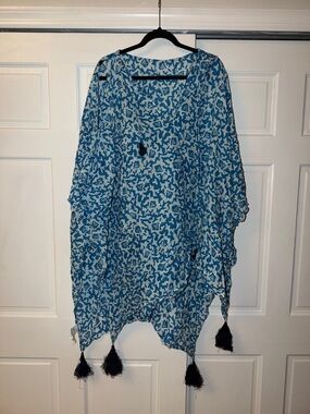 Club Monaco Blue and White Printed Swim Coverup with Tassels